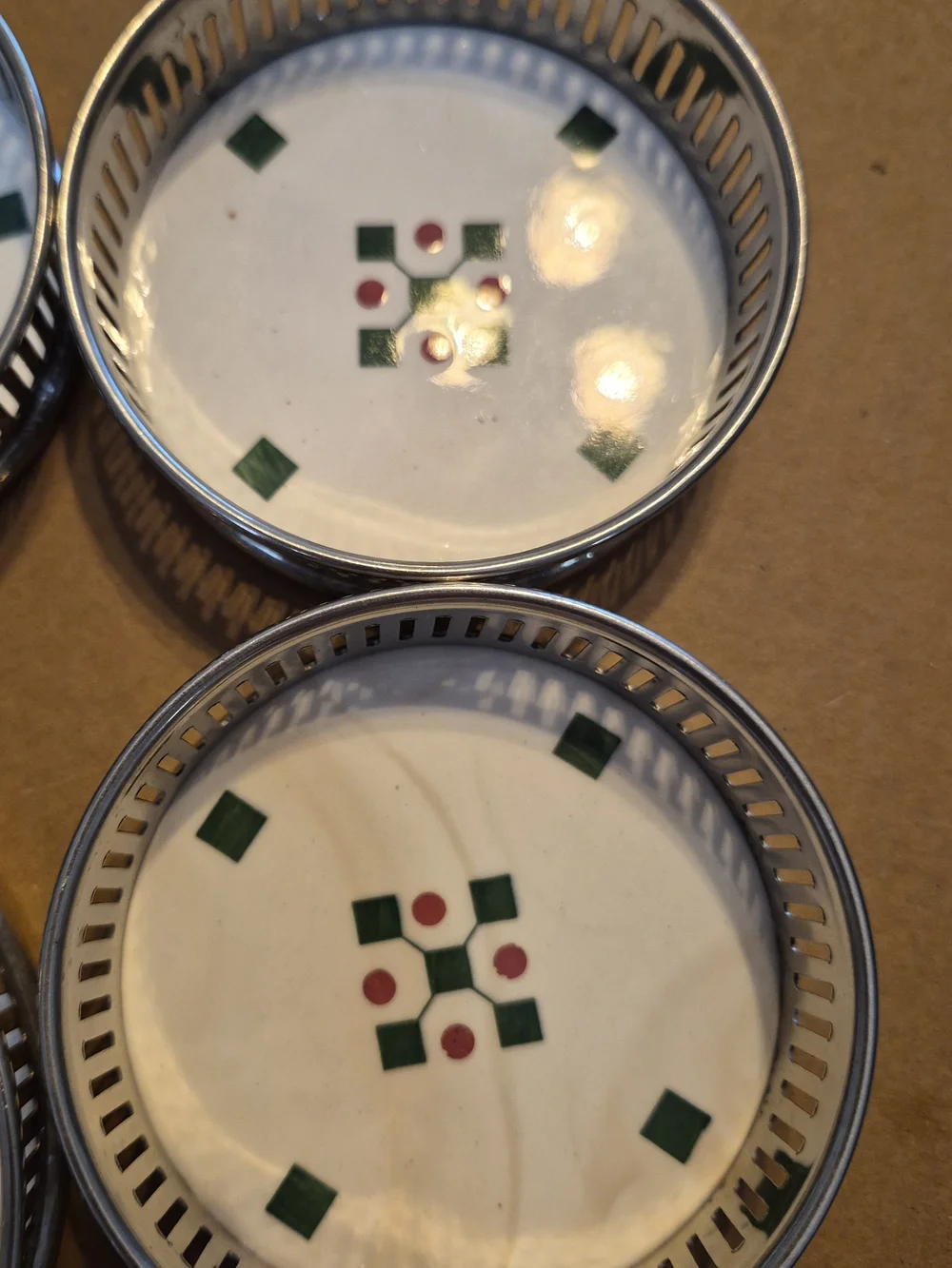 White Ceramic Coasters with Green and Red Inlay (Set of 6) From Silvers Brooklyn